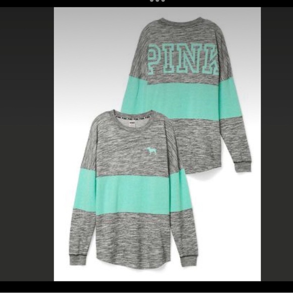 Victoria's Secret PINK Gray and Mint Green Long Sleeve Crew Neck Sweatshirt - Picture 1 of 4